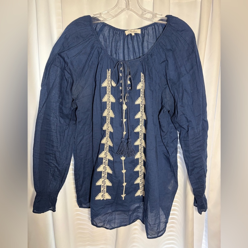 PARKER Blue Cotton Blouse w/White Embroidery & Tie At the Neck Sz L